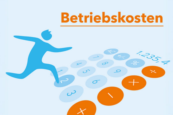 Illustration einer Figur, die über Kreise mit Zahlen und Rechenzeichen springt – Headergrafik zum Thema Betriebskosten