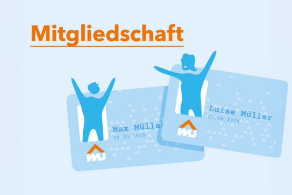 Illustration mit zwei Figuren, die Mitgliedskarten mit Namen hochhalten – Headergrafik zum Thema Mitgliedschaft