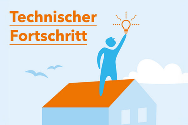Illustration einer Figur auf einem Hausdach, die nach einer Glühbirne greift – Headergrafik zum Thema Technischer Fortschritt